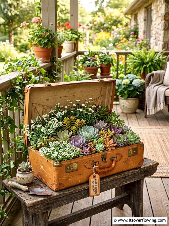 Suitcase Plant Container - 25 reusing old things ideas for flower garden