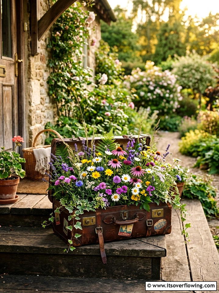 Suitcase Planter - 25 recycled garden ideas with pallet wall garden