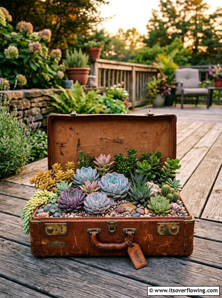 Suitcase Succulent Garden - 25 upcycled garden ideas with succulent planters