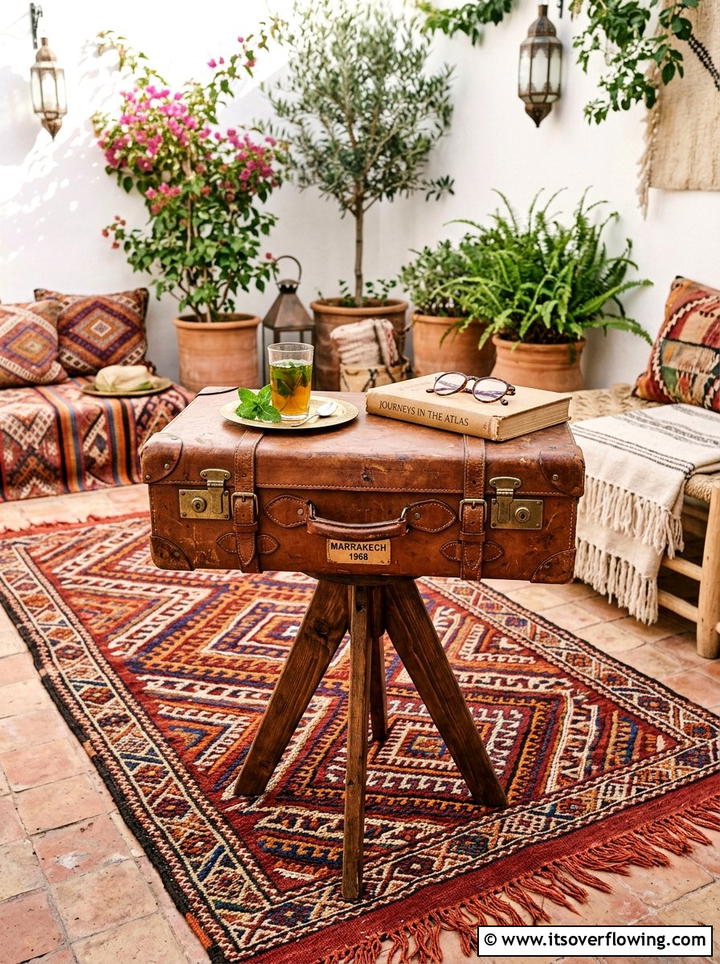 Suitcase table - 25 upcycled garden ideas with boho style