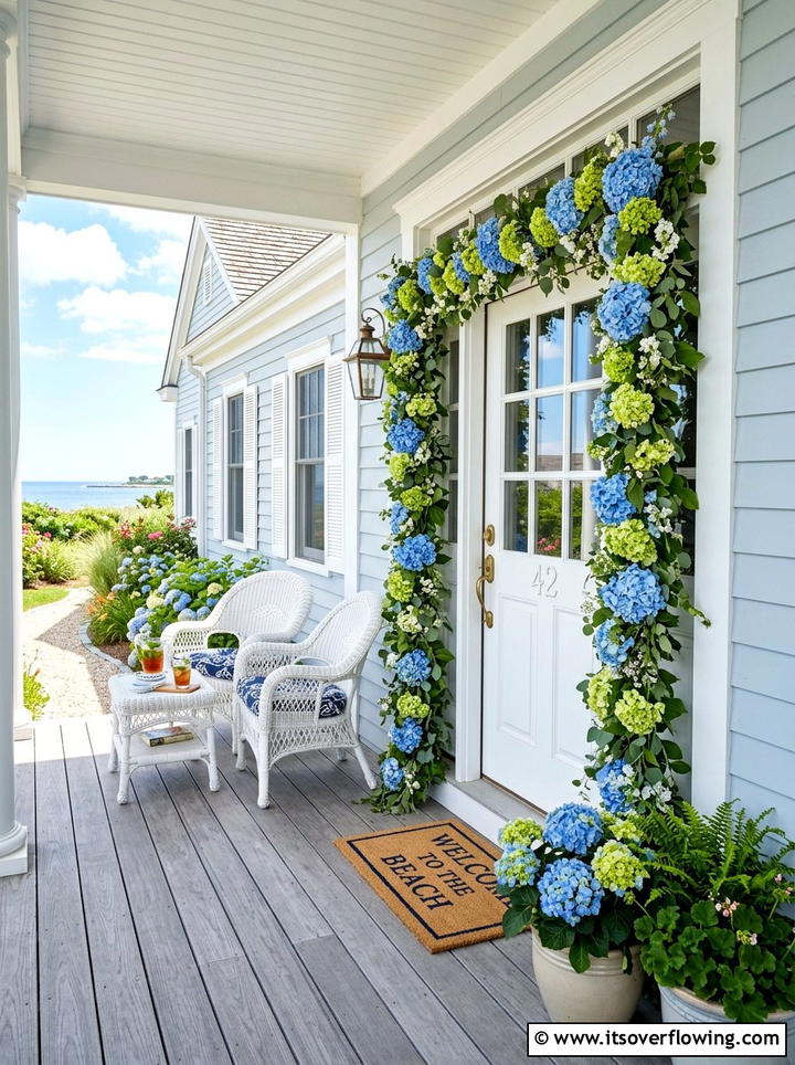 Summer hydrangea porch garland - 25 front porch ideas with floral garland