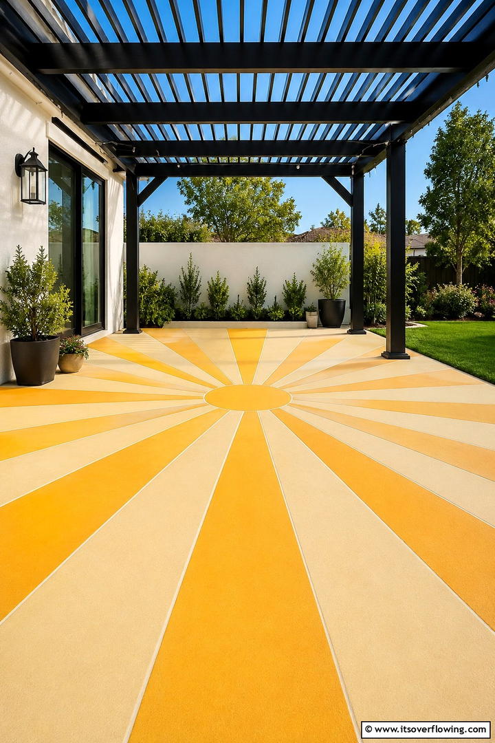 Sunburst Radiance - 30 Painted Concrete Patio Ideas for Colorful Outdoor Floors