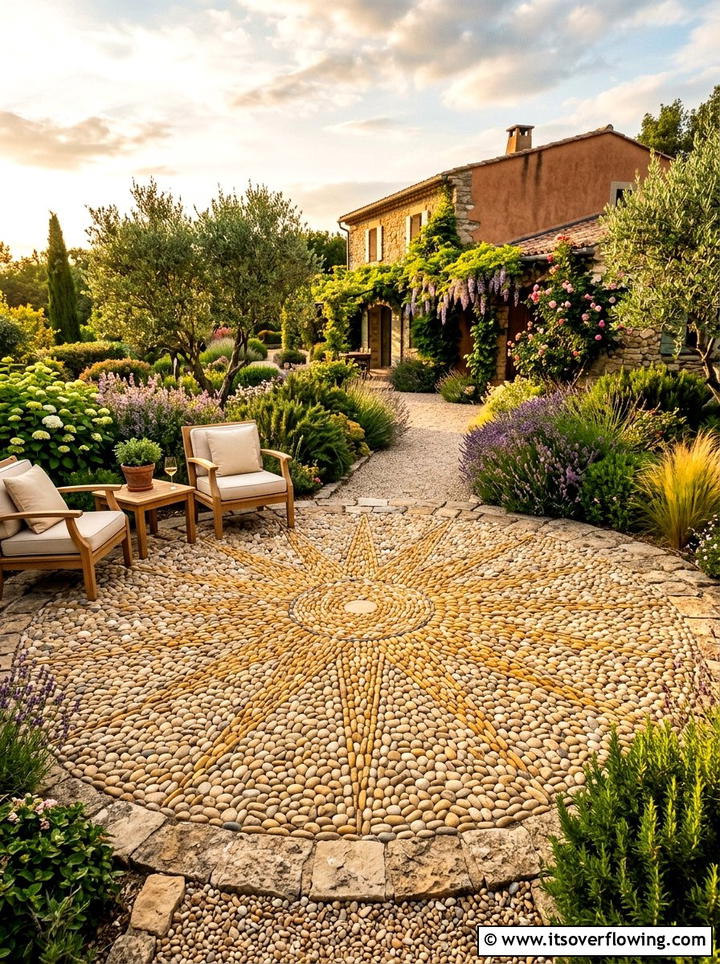 Sunburst pebble patio - 25 garden ideas with pebble mosaics