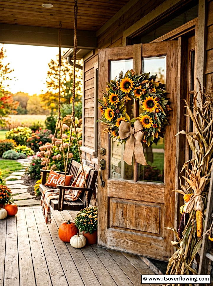 Sunflower Door Hanger - 25 front porch ideas with seasonal wreaths