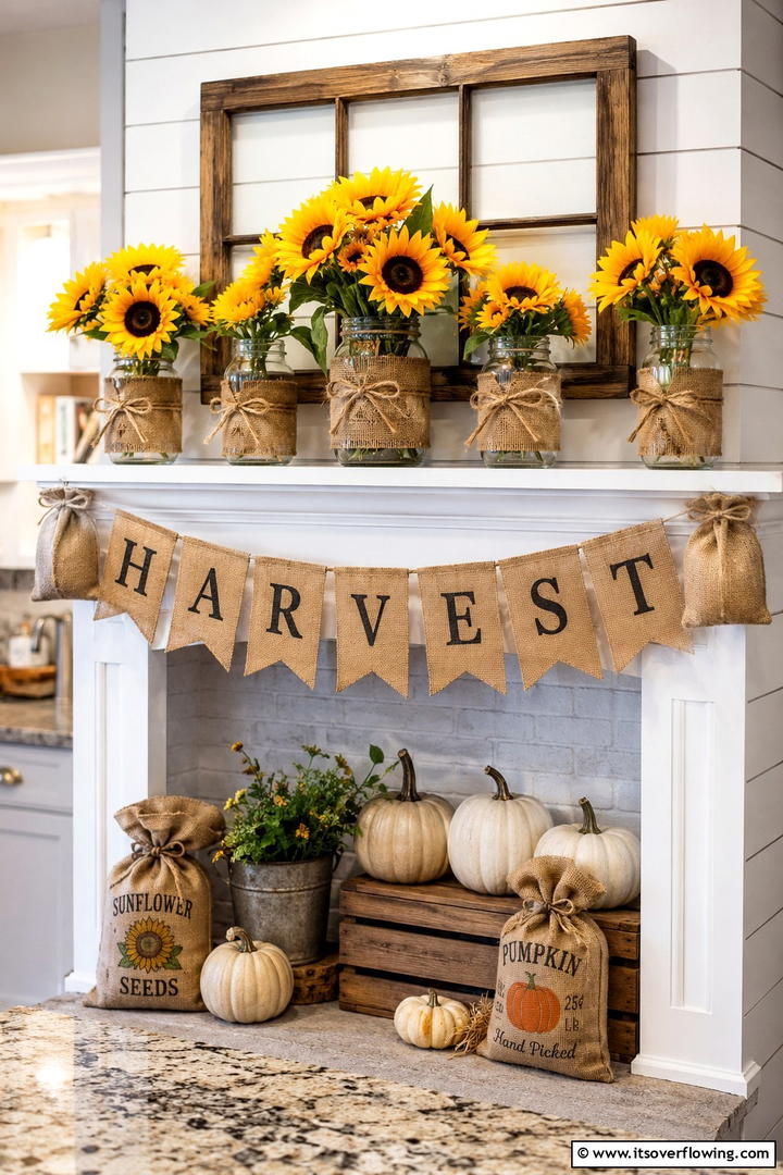Sunflower and Burlap Mantel Display - 50 Fall Mantel Decor Ideas for Cozy Spaces This Season