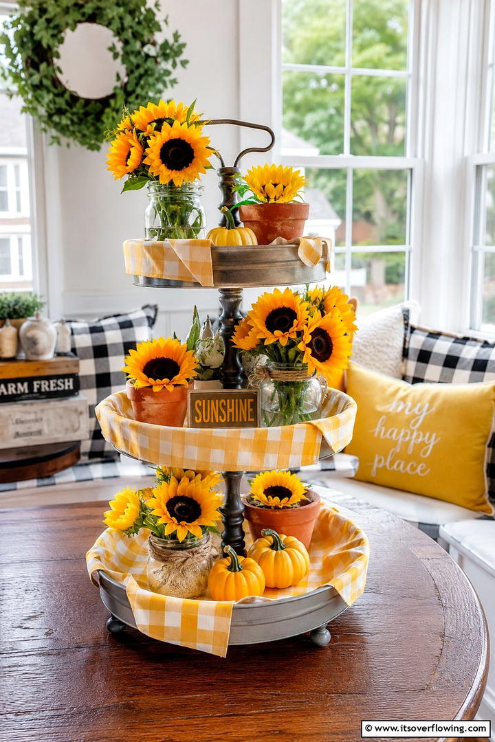 Sunflower and Gingham Tray - 50 Fall Tiered Tray Decor Ideas for Festive Shelves