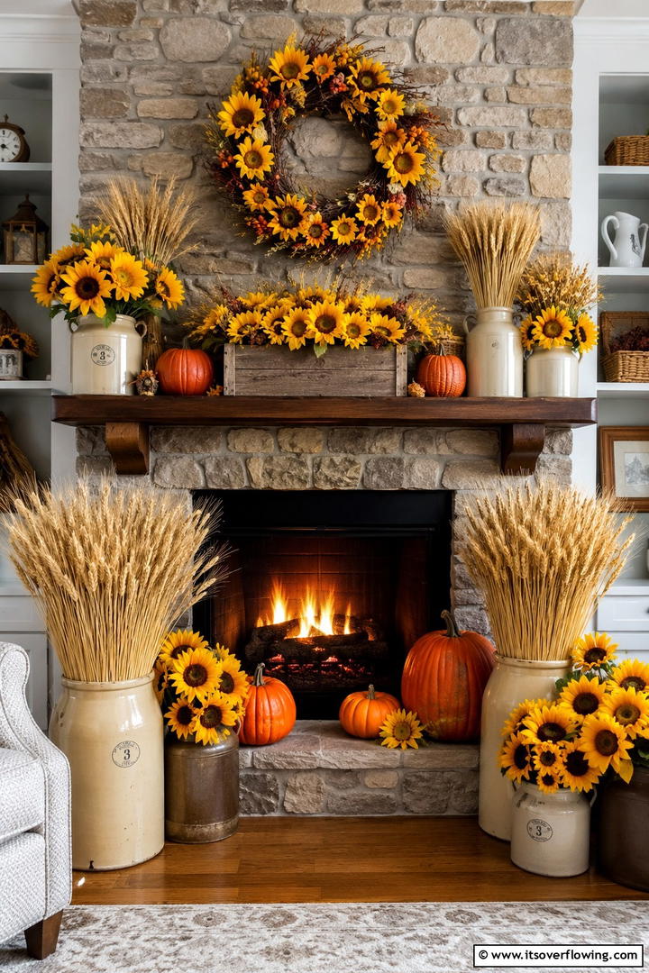 Sunflower and Wheat Display - 50 Fall Fireplace Decor Ideas to Warm Autumn Gatherings