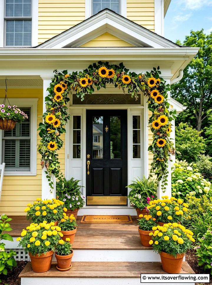 Sunflower front door garland for summer - 25 front porch ideas with floral garland