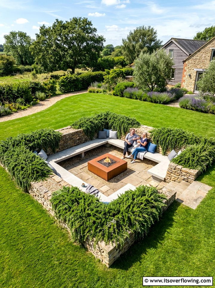 Sunken Garden With Built In Benches - 25 backyard ideas with lounge area