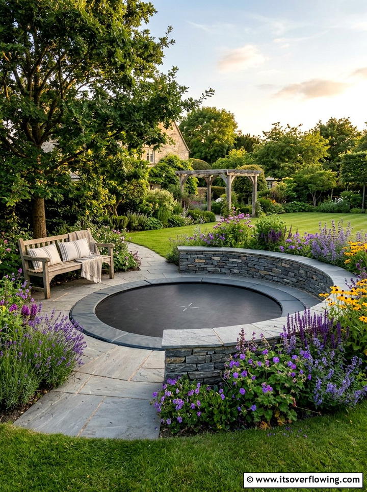 Sunken Trampoline With Retaining Wall - 25 backyard ideas with trampoline zone