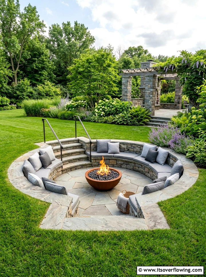 Sunken fire pit with tiered bench - 25 backyard ideas with benches