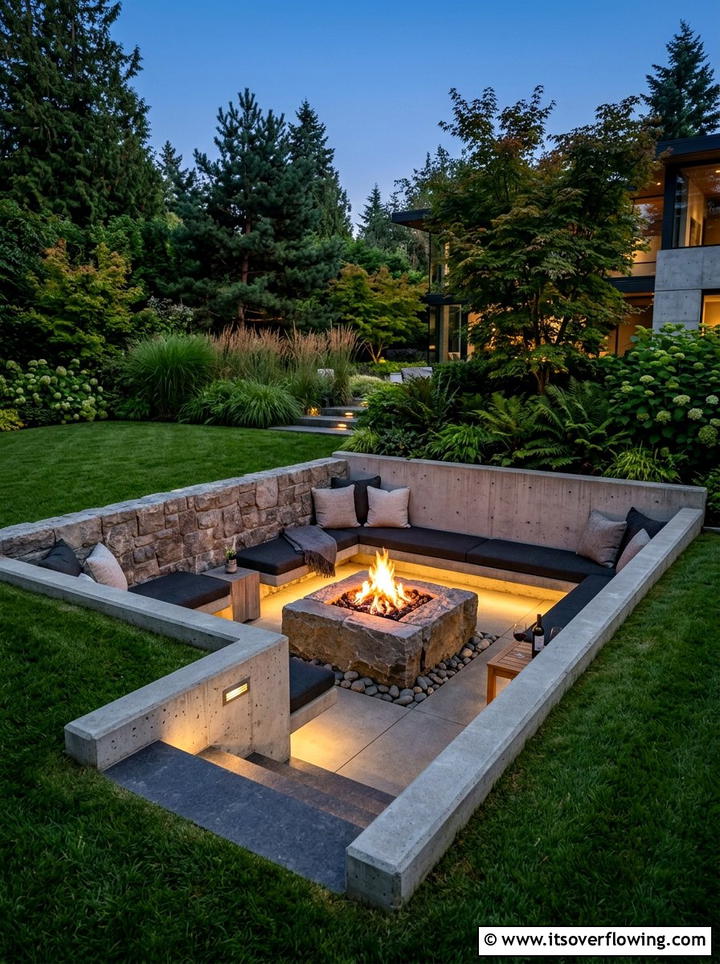 Sunken patio concrete seating - 25 backyard ideas with concrete bench