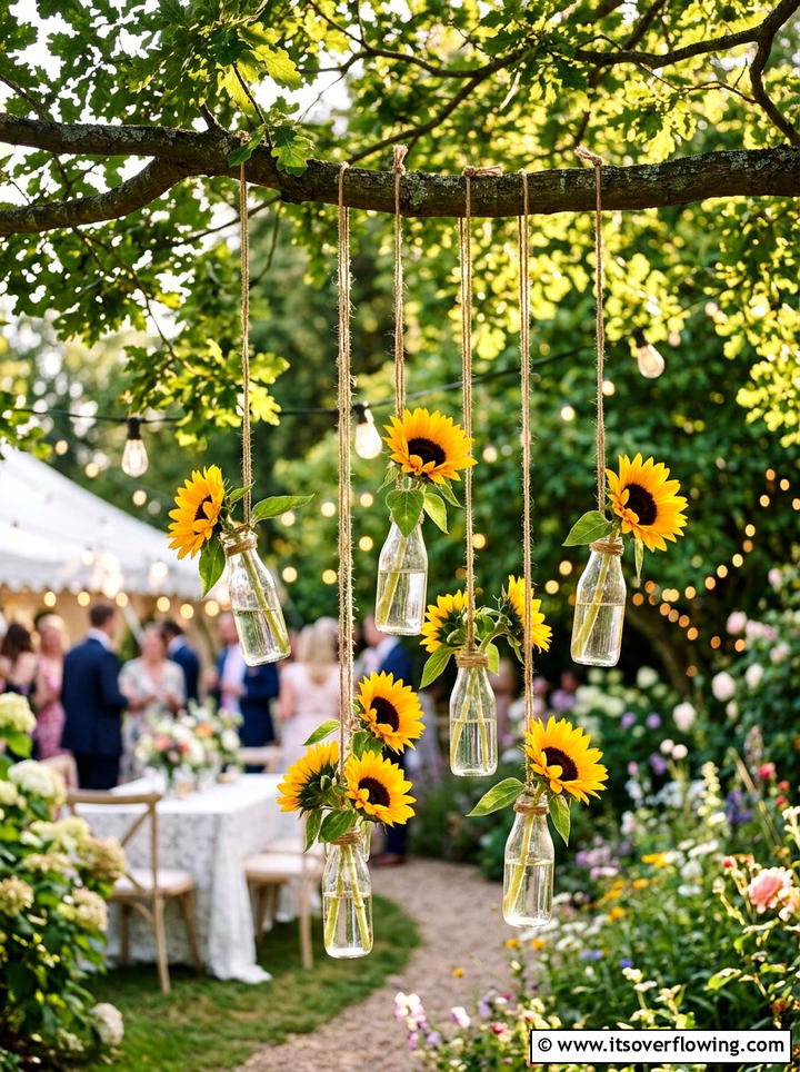 Suspended bottle flower vase - 25 recycled garden ideas with vertical bottle wall