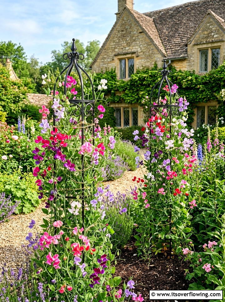 Sweet Peas On Obelisk - 25 creative garden ideas with fragrance gardens