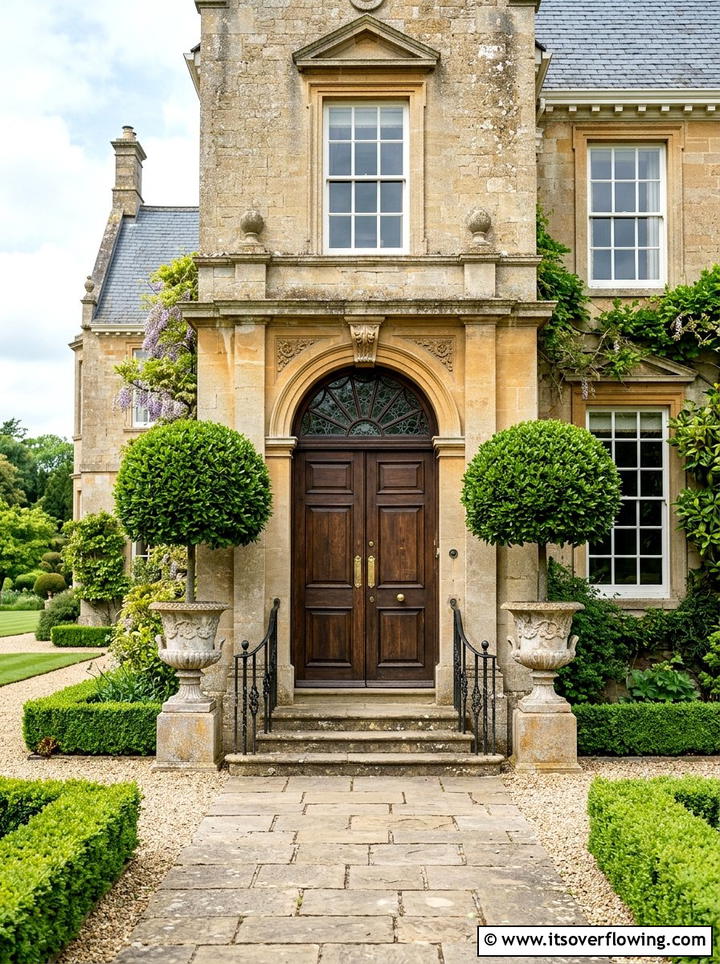 Symmetrical Boxwood Urns - 25 front porch ideas with planters