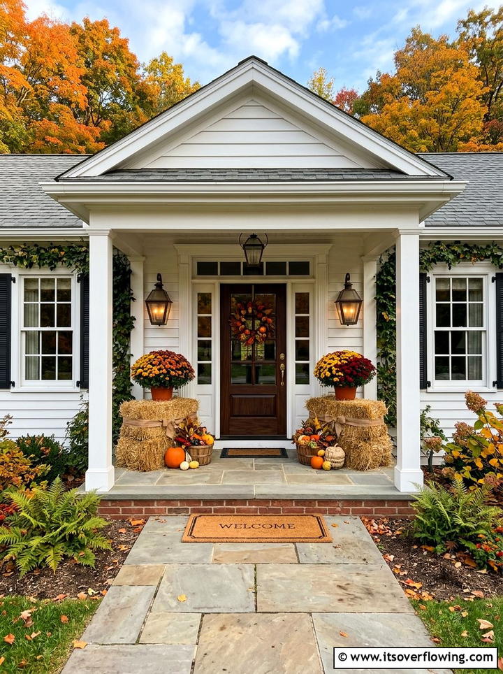 Symmetrical Porch Entrance - 25 front porch decor ideas with mums and hay bales