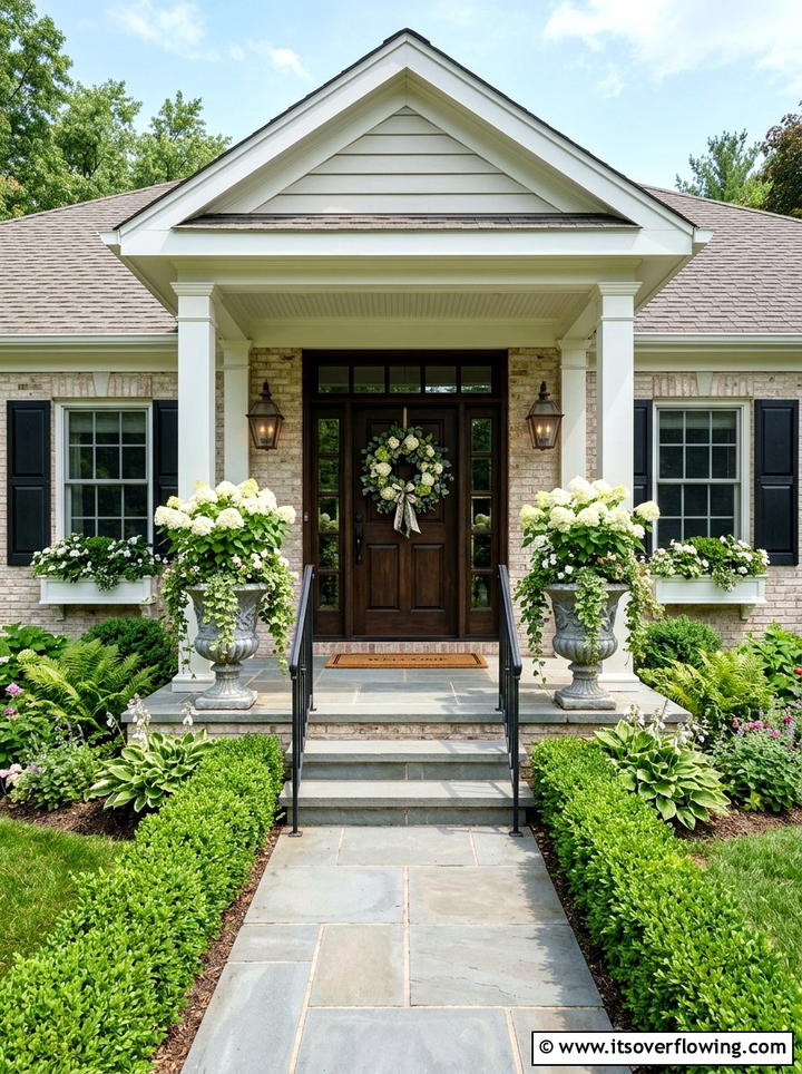 Symmetrical Porch Planters - 25 front porch decor ideas with hydrangea wreath