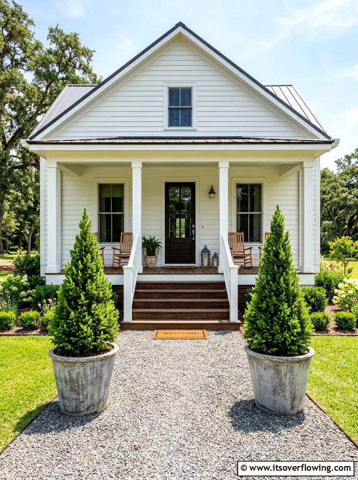 Symmetrical Potted Tree - 25 front porch decor ideas with farmhouse charm