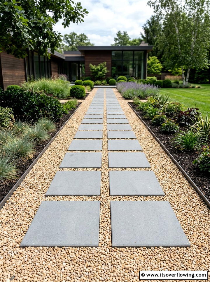 Symmetrical Square Pavers In Pea Gravel - 25 small garden ideas with stepping stones