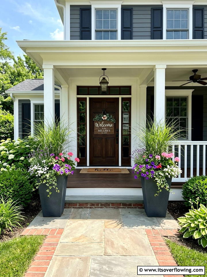 Symmetrical front porch planter - 25 front porch decor ideas with personalized welcome sign
