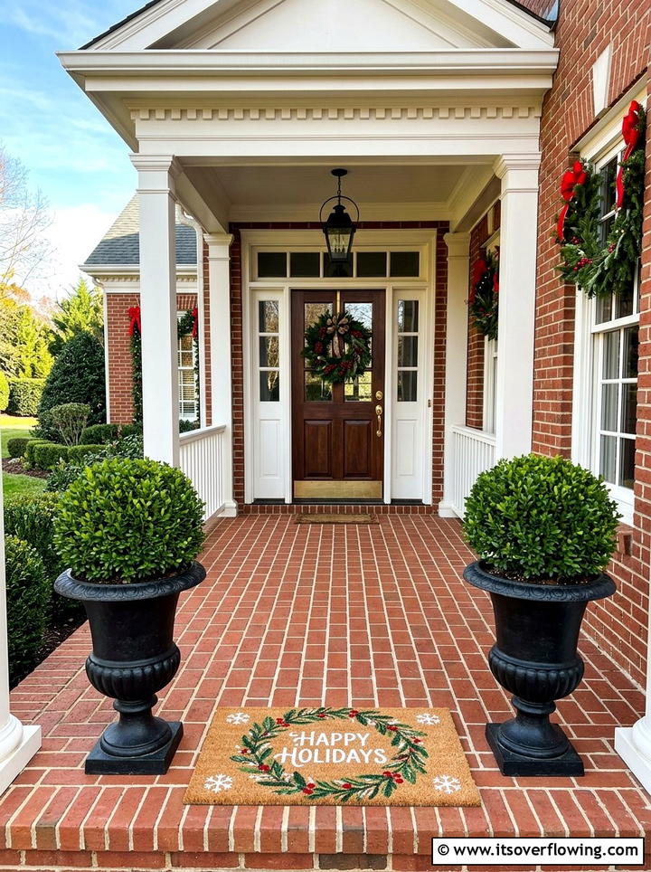 Symmetrical porch planters - 25 front porch ideas with holiday doormat