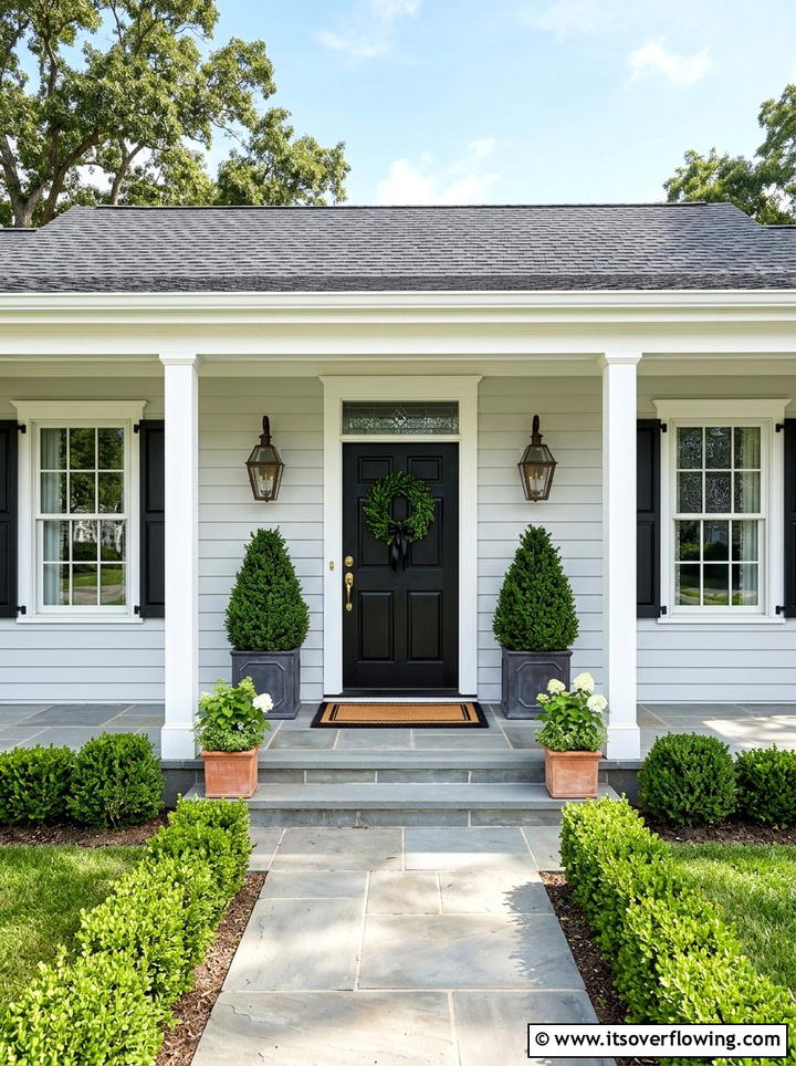 Symmetrical topiary arrangement front door - 25 front porch decor ideas with topiaries