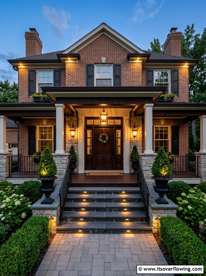 Symmetry Focused Porch - 25 front porch ideas with layered lighting