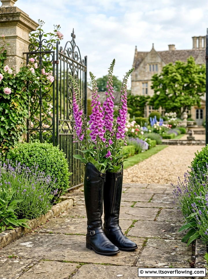 Tall Riding Boot Flower Vase - 25 upcycled garden ideas with old boots