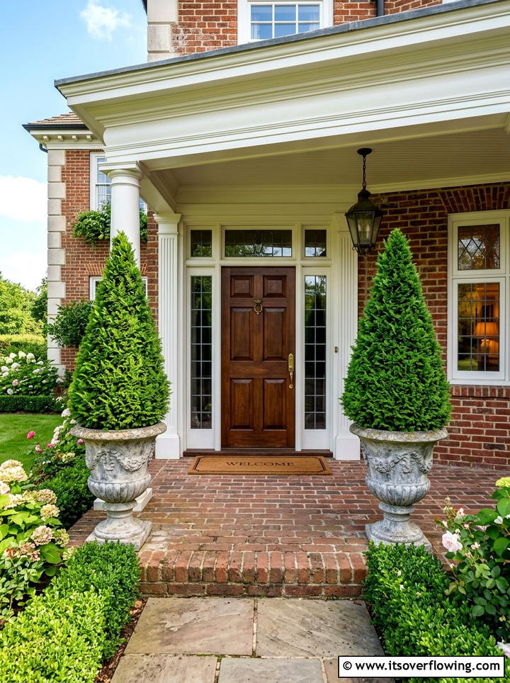 Tall cedar topiary trees entryway - 25 front porch decor ideas with topiaries