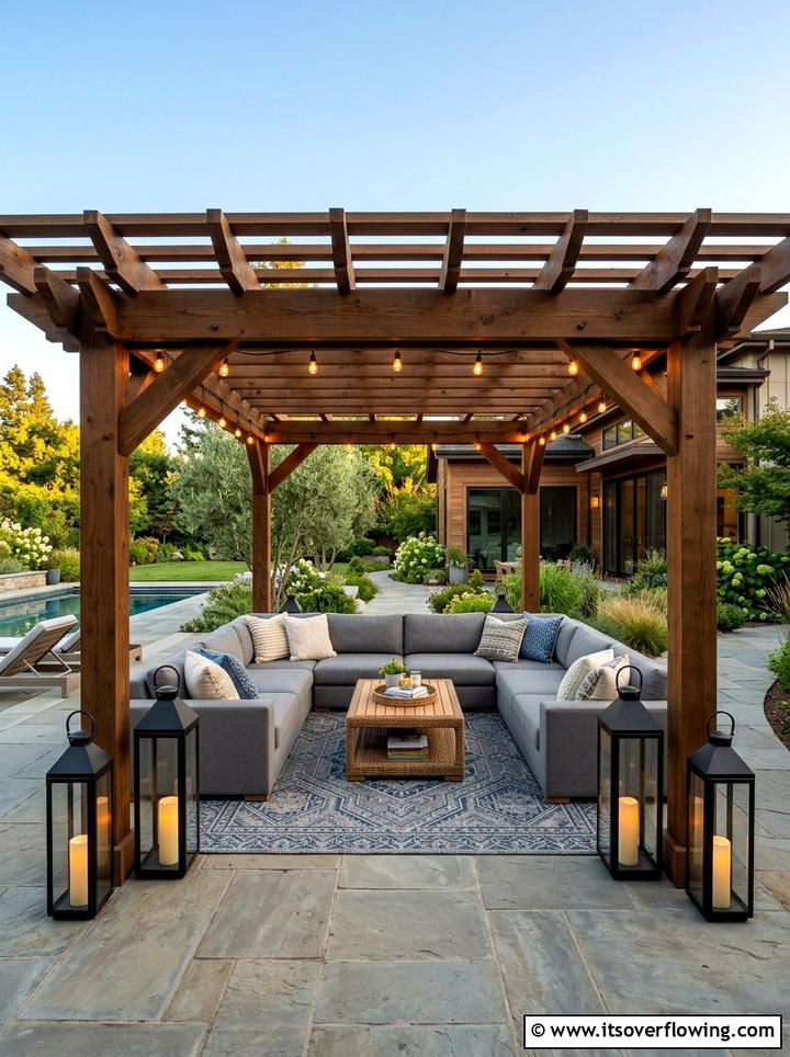 Tall floor lanterns in pergola corner - 25 garden decor ideas with lanterns
