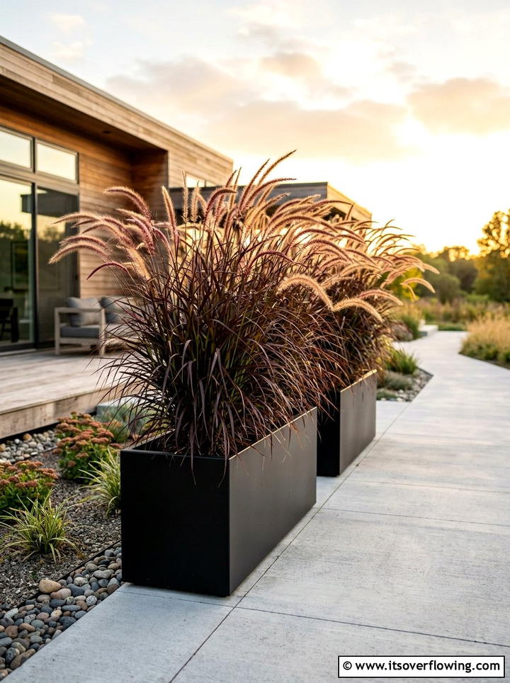 Tall ornamental grass in planters - 25 front porch ideas with sun loving plants