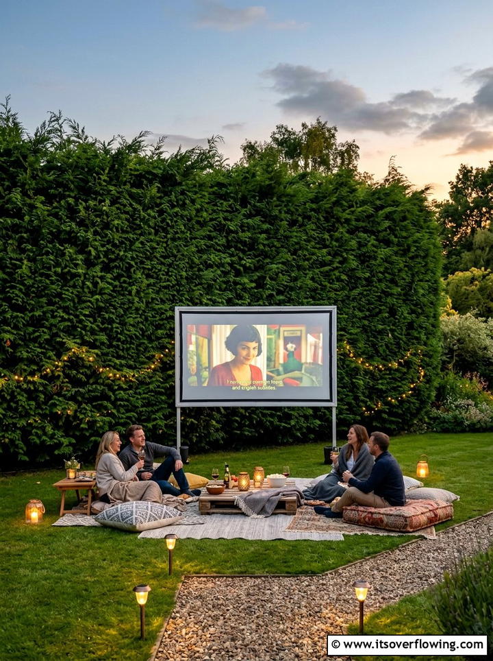 Tall privacy hedge backdrop - 25 backyard ideas with outdoor movie setup