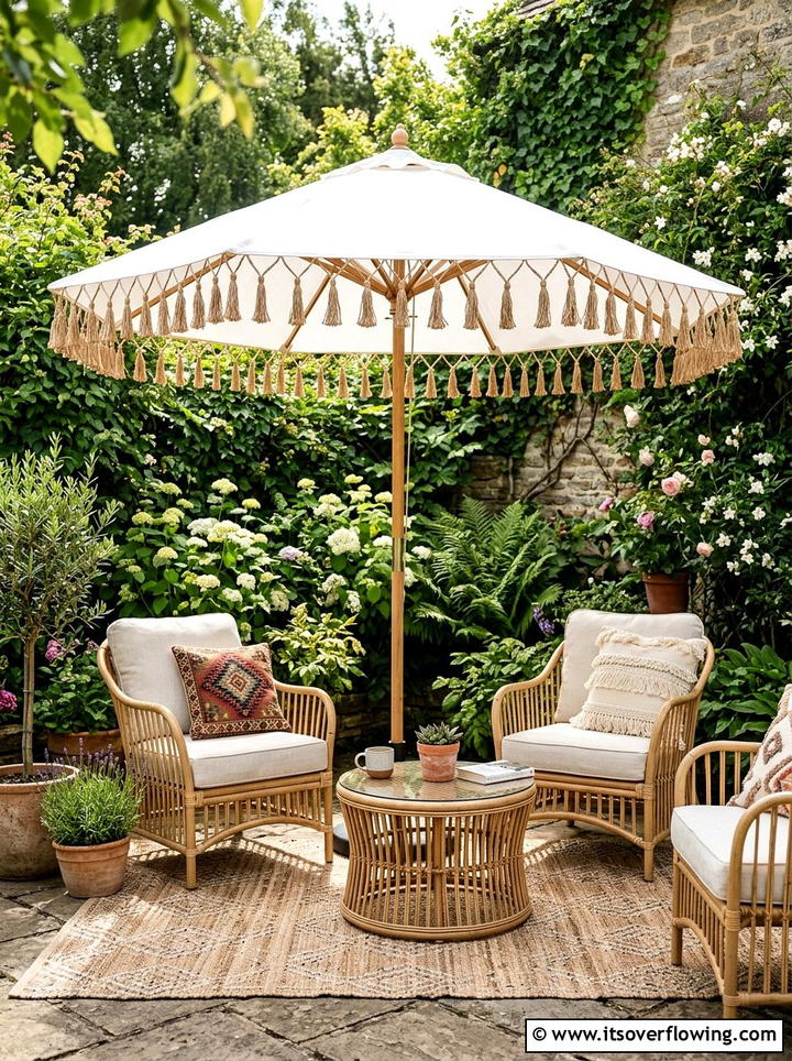 Tassel Market Umbrella - 25 backyard ideas with umbrellas