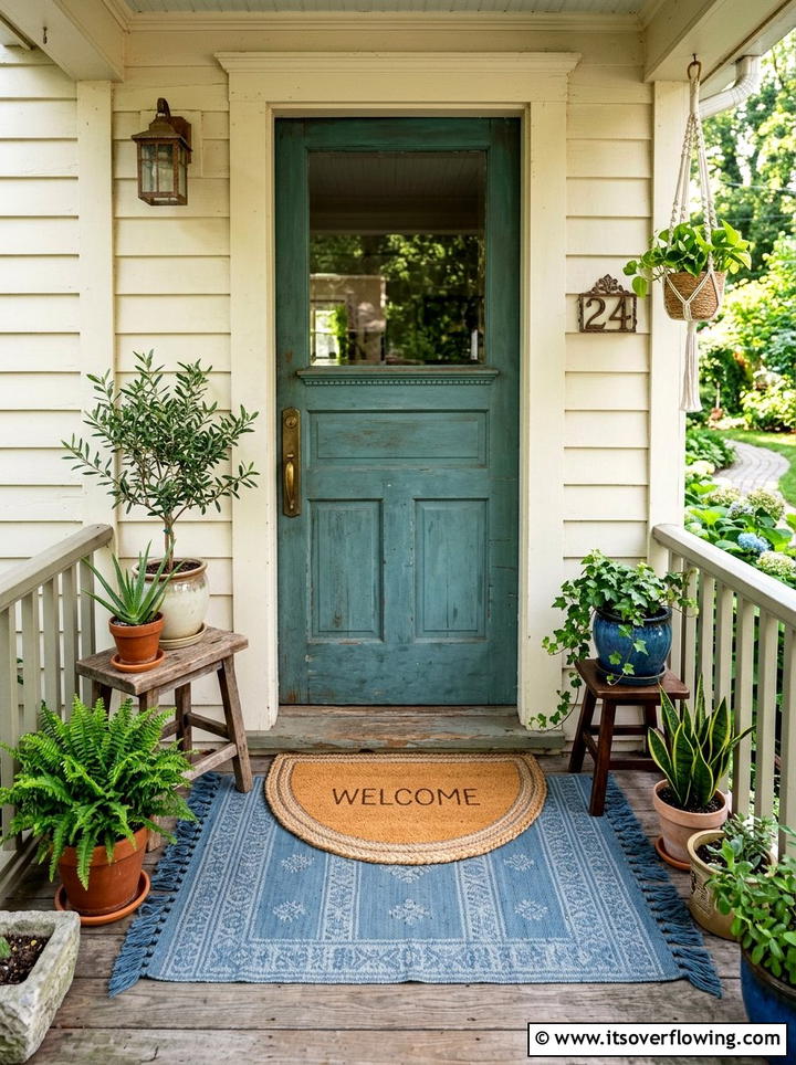 Tasseled woven rug with half moon mat - 25 front porch decor ideas with layered mats