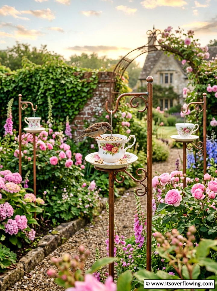Tea Cup Bird Feeders - 25 recycled garden ideas with eco friendly decor