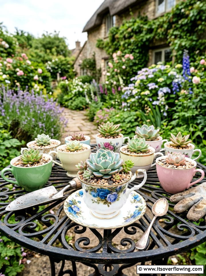 Tea Cup Succulent Garden - 25 upcycled garden ideas