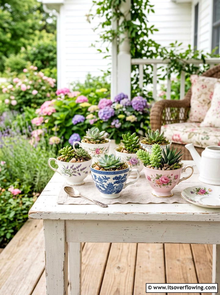 Tea Cup Succulent - 25 upcycled garden ideas for porches