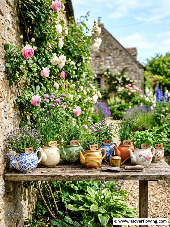 Tea Pot Herb Garden - 25 recycled garden ideas with gutter garden
