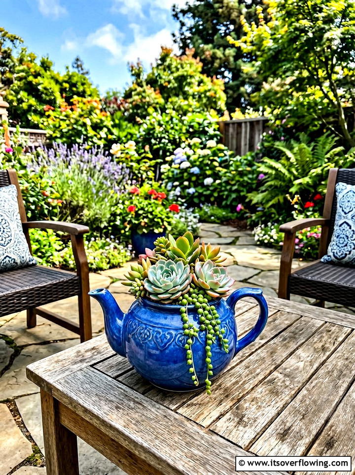 Tea Pot Succulent Planter - 25 upcycled garden ideas for backyards