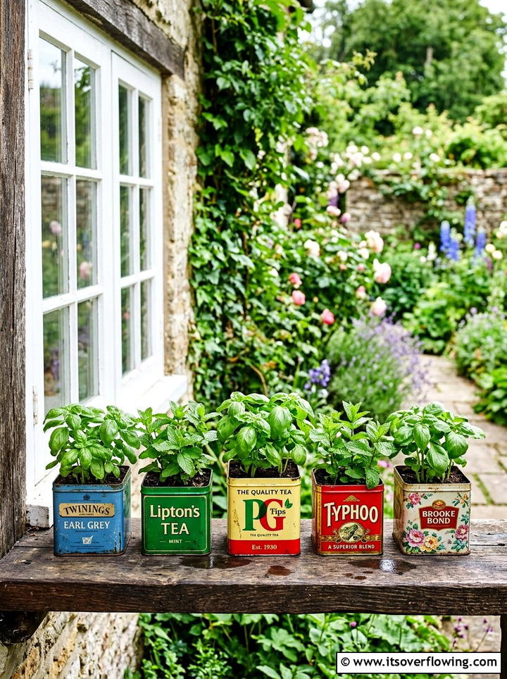 Tea Tin Herb Planter - 25 reusing old things ideas for small garden
