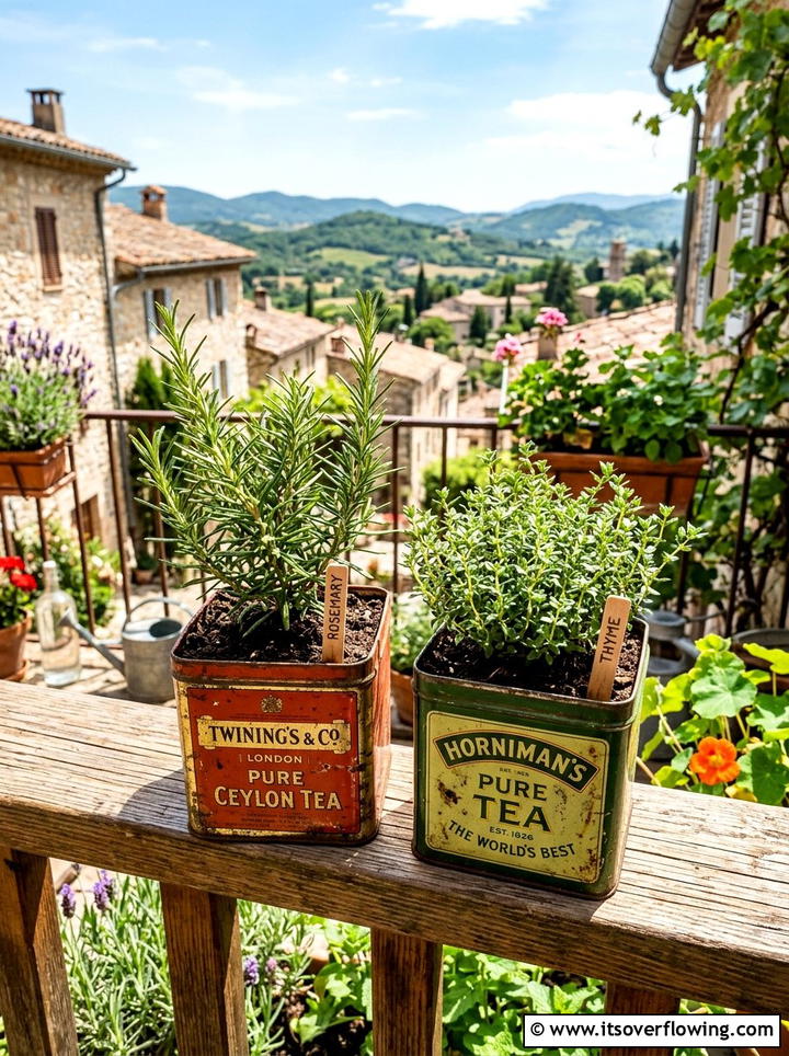 Tea Tin Herb Pot - 25 upcycled garden ideas for urban gardens