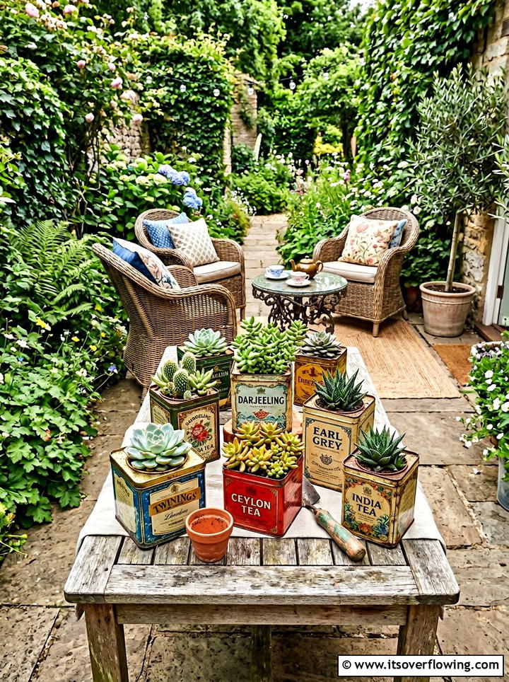 Tea Tin Planter - 25 upcycled garden ideas with flower boxes