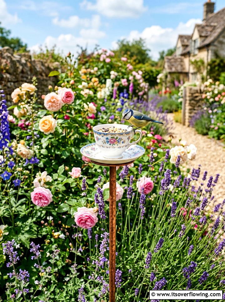 Tea cup bird feeder - 25 upcycled garden ideas with farmhouse style