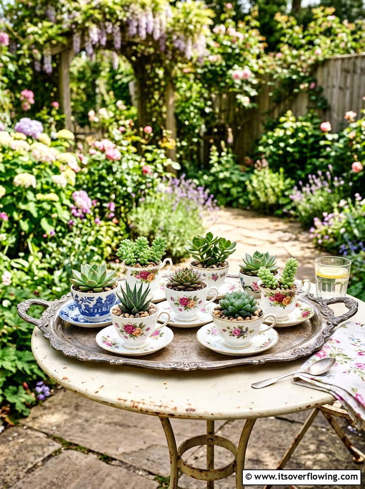 Tea cup succulent garden - 25 cheap garden ideas with recycled materials