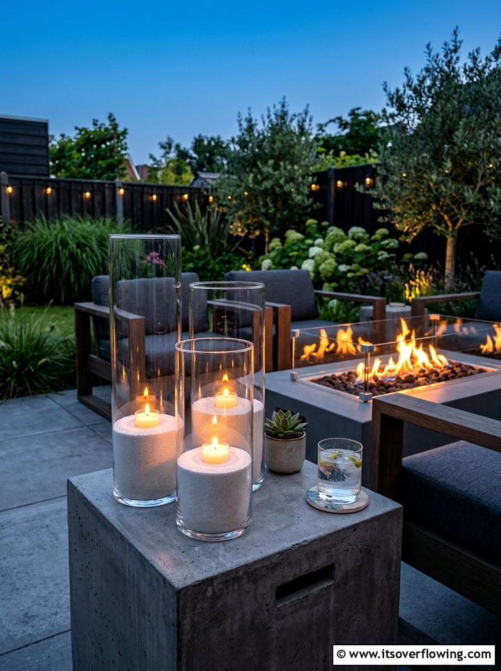 Tea lights in hurricane glasses - 25 garden decor ideas with tea lights
