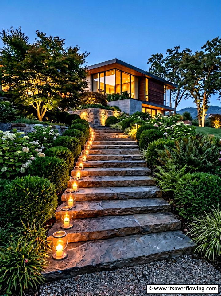 Tea lights on stairs for outdoor lighting - 25 garden decor ideas with tea lights