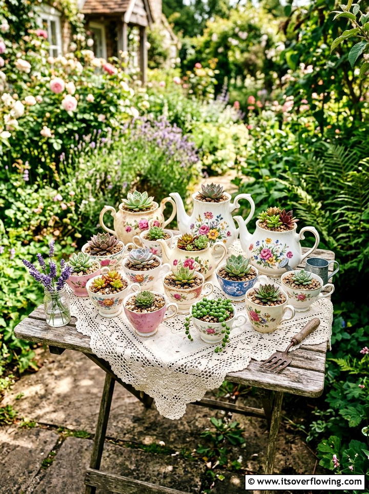 Tea set planter - 25 upcycled garden ideas with boho style