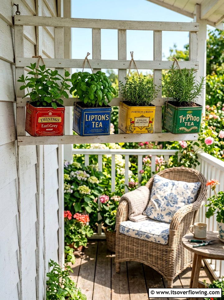 Tea tin hanging planter - 25 upcycled garden ideas with hanging planters