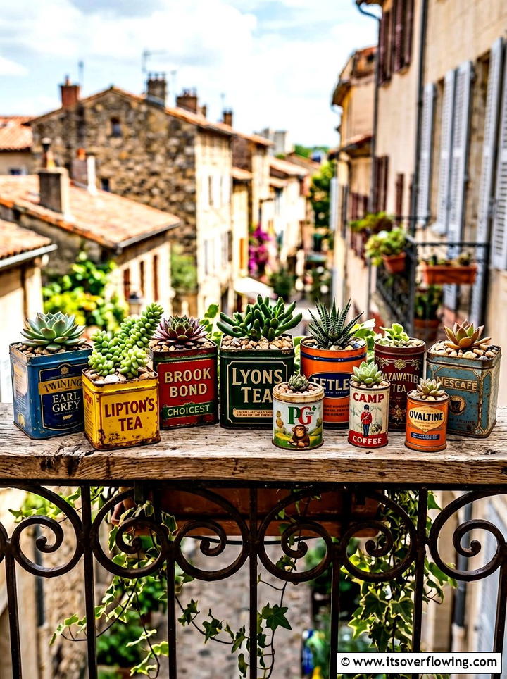 Tea tin succulent planter - 25 upcycled garden ideas for balconies
