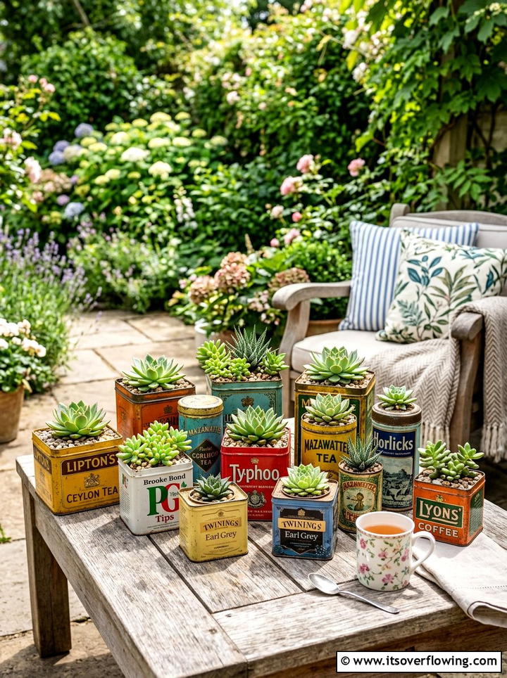 Tea tin succulent planter - 25 cheap garden ideas with repurposed containers